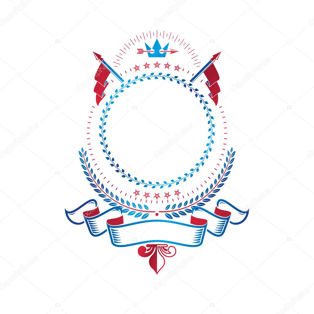 Heraldic emblem created with ancient Crown and laurel wreath decorated with ribbon. Retro style label, heraldry logo.