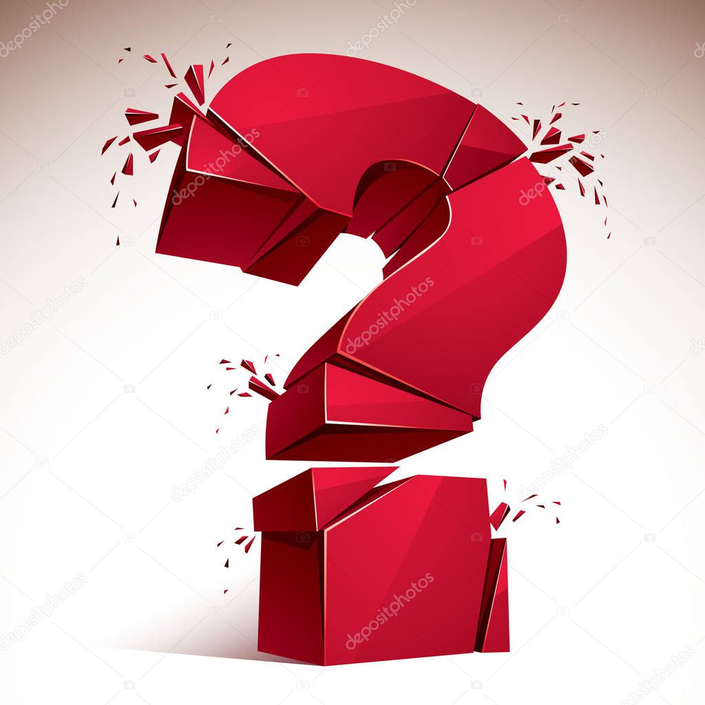 Broken Question Mark exploding, Query breaking to pieces, vector 3d realistic illustration. Special character conceptual symbol, doubt, difficulty, FAQ and support concept