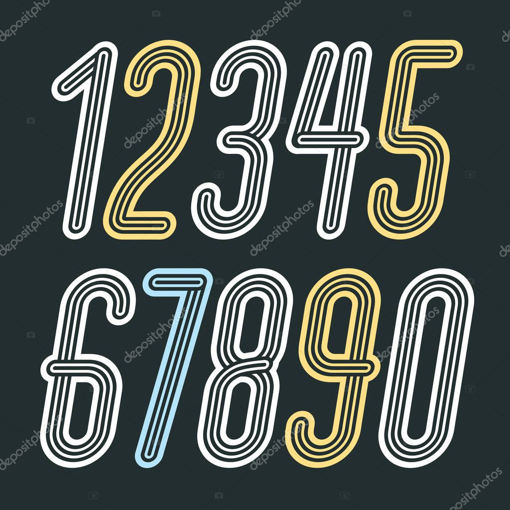 Set of stylish disco vector digits, modern numerals collection. Funky italic thin, narrow numerals from 0 to 9 best for poster art. Made with triple stripy decoration.