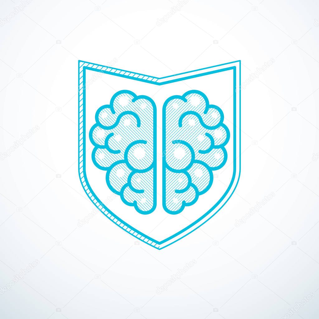 Smart Defense, concept of intelligent software antivirus. Human anatomical brain composed with guard ammunition shield. Vector logo template.