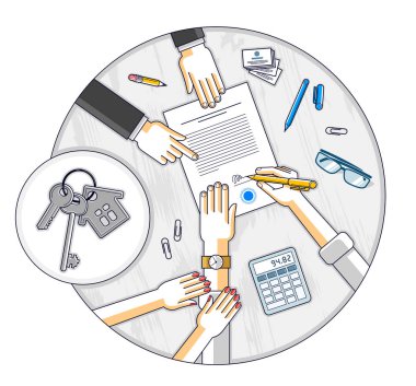 Adam işaretleri ev gayrimenkul satın almak için ipotek banka ve çalışan kredi kredi, Masa elleriyle ve kağıt belgeleri ile üstten görünüm koşulları açıklar. Vektör çizim.