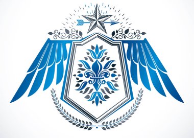 Pentagonal yıldız ve defne çelengi ile Lily çiçek kullanılarak dekore edilmiş kanatlı vintage hanedanlık armaları vektör amblemi