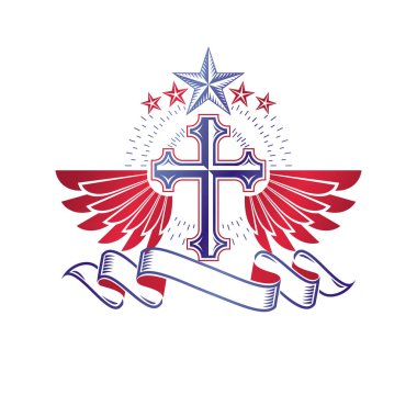 Amblemi çapraz Hıristiyanlık grafik kanatlı, inanç ücretsizdir. Hanedan vektör tasarım öğesi. Retro tarzı etiket, dini Insignia kuş kanatları ve pentagonal yıldız ile dekore edilmiş.