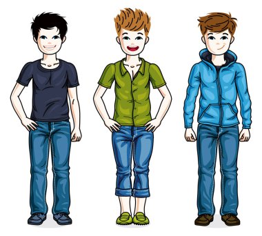 sevimli küçük çocuklar kümesi ayakta rahat kıyafetler giyiyor. Vektör çocuklar illüstrasyonlar set.