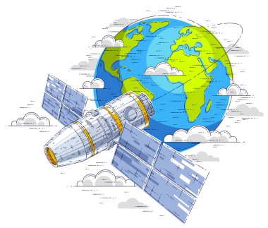 Dünya, yapay uydu yörüngesinde uzay istasyonu. İnce çizgi 3d vektör çizim.