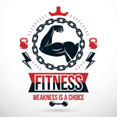 Vektör grafik oluşturma gibi bir yuvarlak demir zinciri çerçevesinde yerleştirilen sporcunun güçlü kas kol oluşturdu. Vücut geliştirmeci vektör simgesi, şampiyon kavramı