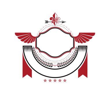 Grafik Kraliyet sembolü Lily Flower, mızrak ve kırmızı dekoratif kurdele kullanılarak oluşturulan amblemi kanatlı. Hanedan Arması izole dekoratif logo vektör çizim.