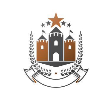 Antik Kale amblemi. Heraldic Coat of Arms dekoratif logosu izole edilmiş vektör çizimi. Beyaz arka planda eski tarzda antika logosu.