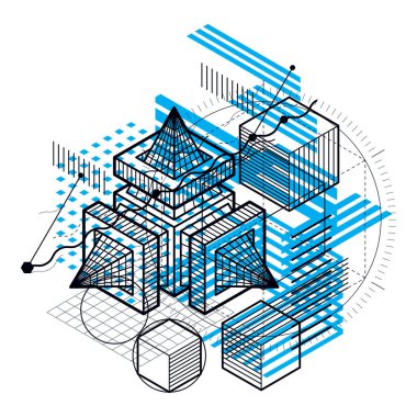 İzometrik arka plan çizgileri ve geometrik öğeleri, vektör soyut şablonu. Kompozisyon küpleri, altıgenler, kareler, dikdörtgenler ve soyut öğeler.
