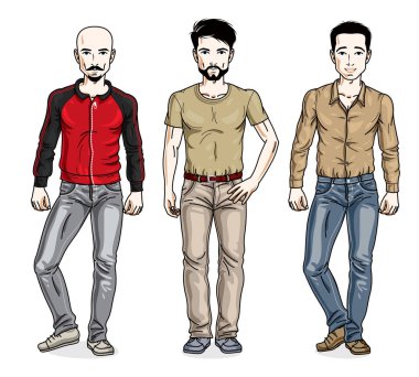 Yakışıklı erkekler rahat kıyafetlerle poz. Vektör farklı kişi çizimler ayarlayın. Yaşam tarzı tema erkek karakterler.