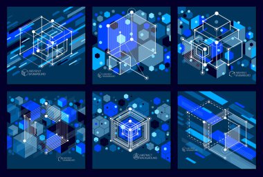 Teknik planları ayarla, mavi siyah dijital renkli geometrik tasarım öğeleri, küpleri ile vektör. Teknolojik duvar kağıdı peteğin ile yapılmış mühendislik.