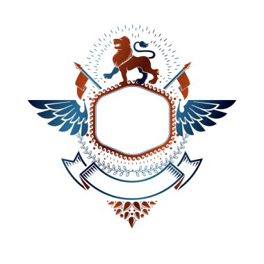 Grafik amblemi cesur aslan kral, bayraklar ve şerit ile oluşur. Hanedan Arması izole dekoratif logo vektör çizim.