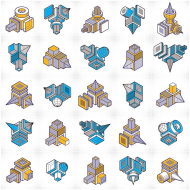 3D geometrik figürler kullanılarak yapılan soyut vektör izometrik boyutlu şekiller kümesi. 