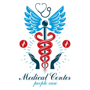 Eczane Caduceus simgesi, tıbbi logo kalp şekli ve elektrokardiyogram grafik sembolü ile oluşturulan. Kardiyoloji tanı klinik amblemi