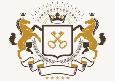 Vintage vektör tasarım öğesi. Zarif at illüstrasyon, güvenlik anahtarlarına ve taç retro tarzı etiket oluşan