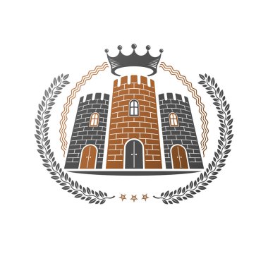 Antik Kale amblemi. Heraldic Coat of Arms dekoratif logosu izole edilmiş vektör çizimi. Beyaz arkaplanda eski tarzda dekore edilmiş logotip.