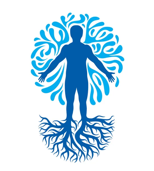 Векторная Графическая Иллюстрация Мышечного Человека Человека Созданного Корнями Дерева Окруженного — стоковый вектор