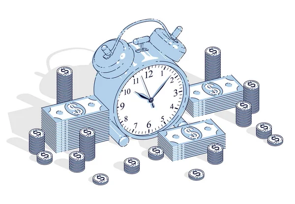 Tempo Conceito Dinheiro Mesa Relógio Alarme Com Pilhas Dinheiro Dinheiro — Vetor de Stock