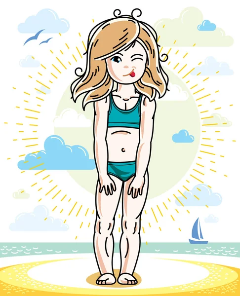 Little Blonde Girl Standing Beach Bikini Vector Attractive Kid Illustration — Stock Vector