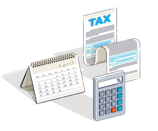 税收概念 税收形式或纸面法律文件和日历打开在月在白色背景隔离 等距向量业务与金融例证 — 图库矢量图片
