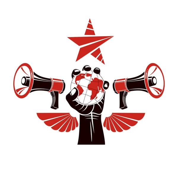 装飾的なベクトル紋章はグローブは 自由の翼やメガホンを持って筋肉上げられた握りこぶしで構成されています 政治的 社会的影響力の手段としての世界的権威 — ストックベクタ