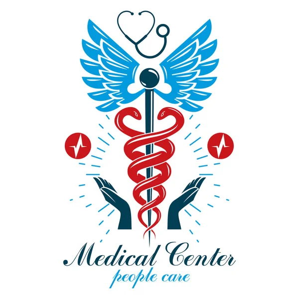 Farmácia Caduceus Ícone Logotipo Médico Criado Com Forma Coração Eletrocardiograma —  Vetores de Stock