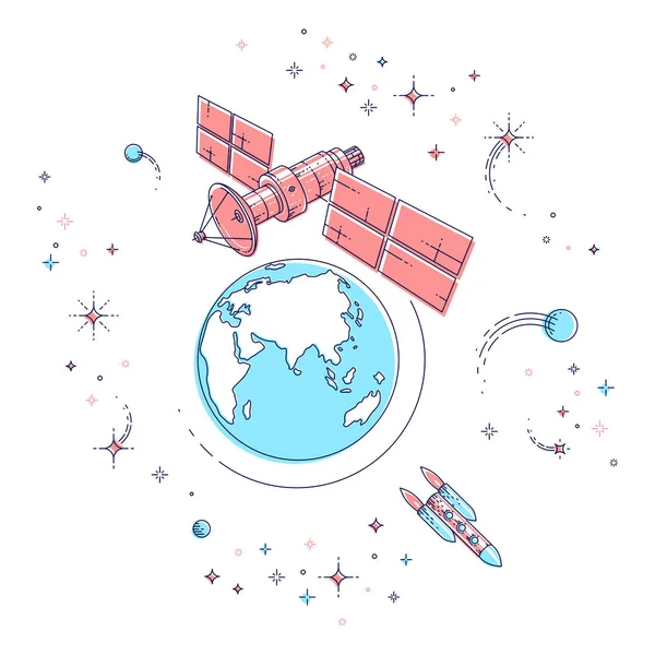 卫星通信卫星飞行轨道航天器地球周围 宇宙飞船空间站与太阳能电池板和卫星天线板块的火箭 — 图库矢量图片