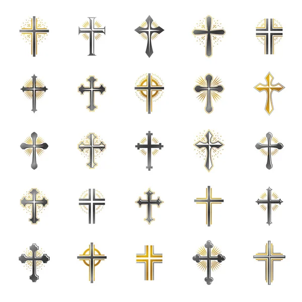 Cruces Del Cristianismo Conjunto Emblemas Religión Escudo Heráldico Logotipos Decorativos — Vector de stock