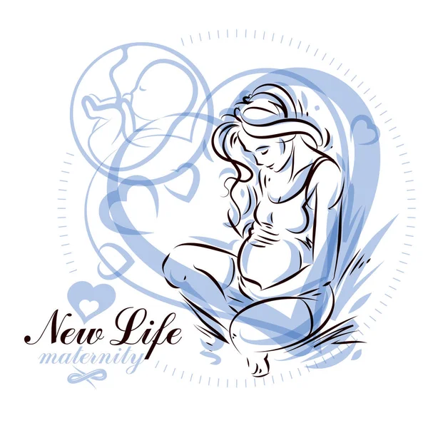Vector Handgetekende Illustratie Van Zwangere Elegante Vrouw Verwacht Baby Schetsen — Stockvector