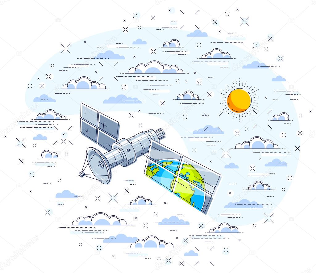 Global communication technology satellite flying in the cloudy sky and reflecting earth in solar panels. Thin line 3d vector illustration isolated on white.