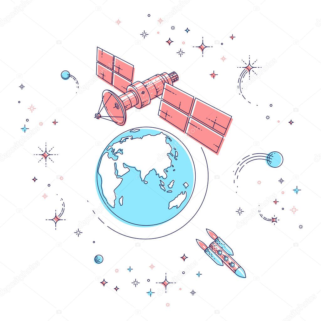 Communication satellite flying orbital spaceflight around earth, spacecraft space station with solar panels and satellite antenna plate with rockets