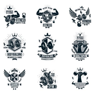Vektör güç kaldırma Tema amblem ve motivasyon el ilanı kalıp toplama dambıl, kullanılarak yapılan vücut geliştirmeci vücut siluetleri ile kettlebells ve spor donanımları.
