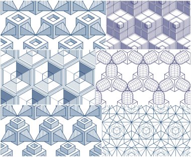 Geometrik 3d hatları sorunsuz desenleri kümesi, vektör arka plan küpleri toplama soyut. Çizim için sonsuz şekilde mühendislik teknolojisi stili
