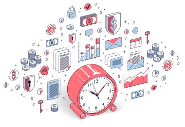 Masa saati istatistikleri ile çizelgeleri ve tasarım öğeleri beyaz arka plan üzerinde izole, zaman para kavramı. İzometrik 3B vektör finans illüstrasyon 