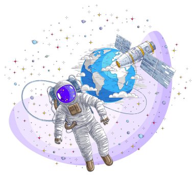 Uzay İstasyonu ve dünya gezegen arka planda, hafiflik ve ISS uzay aracı içinde yüzen spaceman bağlı açık uzaya astronot çıktı