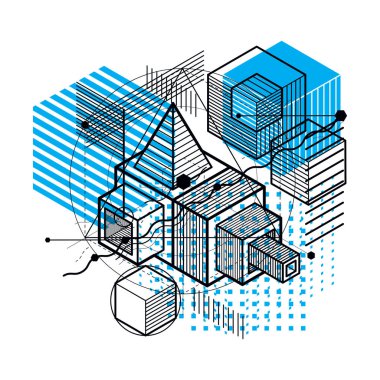 İzometrik doğrusal soyut vektör arka plan, çizgili soyutlama. Küpleri, altıgenler, kareler, dikdörtgenler ve soyut öğeler.