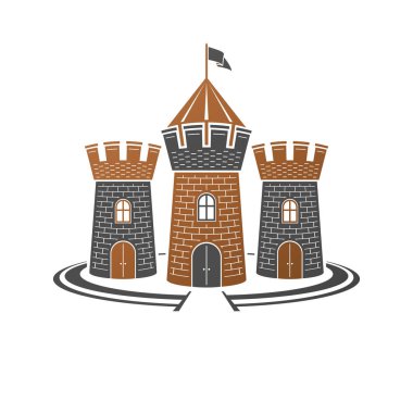 Ortaçağ Kalesi dekoratif vektör illüstrasyon izole. Eski stil beyaz arka plan üzerinde izole antik Fort logo.