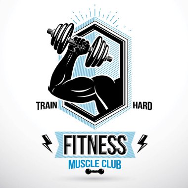 Vektör işareti disk ağırlık dumbbell tutarak kaslı sporcu kol ile oluşur. Sabit yazı tren. Spor Kulübü amblemi