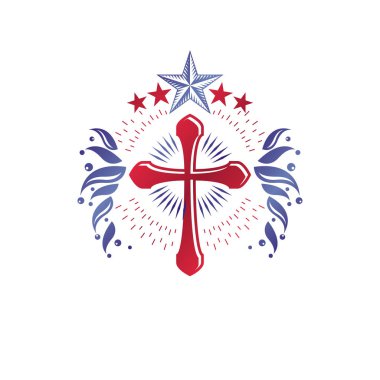 Dini vintage amblemi pentagonal yıldız ve çiçek süsleme, Hıristiyan çarmıha kullanarak oluşturdu. Hanedan arması, Tanrı'nın Glory vektör logosu. 