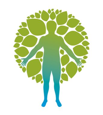 Organik yeşil ağaç yaprakları kullanılarak oluşturulan vektör atletik adam. Downshifting ve ekoturizm konsept illüstrasyon.