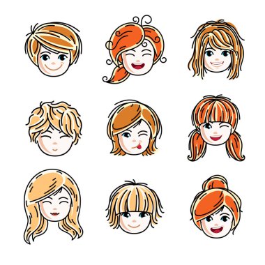 Sevimli gülümseyen kız yüzleri olumlu duygular, vektör insan kafa çizimler ifade topluluğu