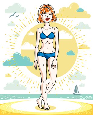 Tropik sahilde poz ve mavi bikini giyen çekici genç Kızıl saçlı kadın. Vektör güzel hanımefendi illüstrasyon. Yaz aylarında konsept 