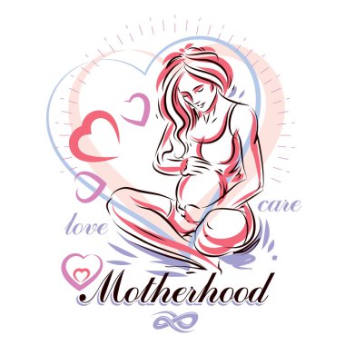Pregnant female body shape hand drawn vector illustration, beautiful lady gently touching her belly. Mothers day conceptual poster clipart
