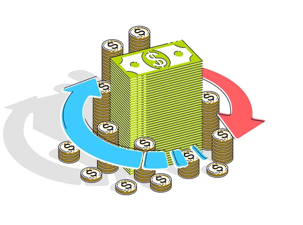 Geldcirculatie Valutawissel Vectorillustratie Van Contant Geld Stack Met Radiale Lus — Stockvector