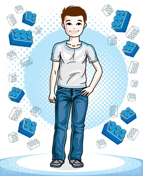 美しい小さな少年かわいい子立っている身に着けているファッショナブルなカジュアル服 ベクターの子供のイラスト ファッションやライフ スタイルのテーマ漫画 — ストックベクタ