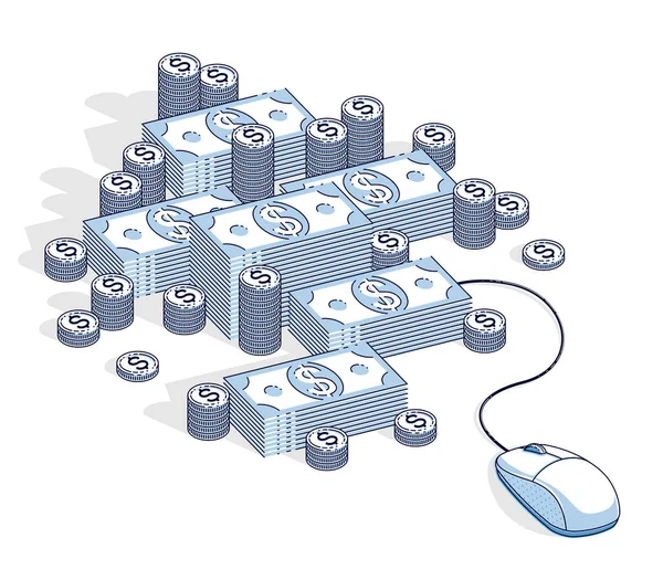 Concepto Finanzas Línea Dinero Efectivo Apila Con Ratón Computadora Conectado — Archivo Imágenes Vectoriales