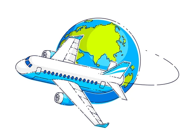 平面客机与地球行星 航空公司航空旅游会徽 在白色背景下隔离的细线矢量 — 图库矢量图片