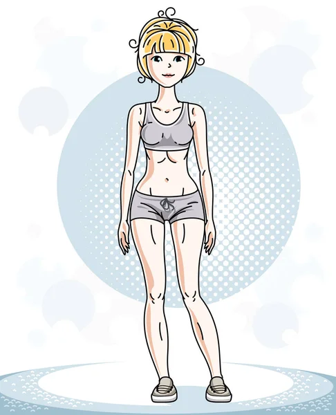 Mooie Blonde Sportieve Jongedame Permanent Vector Teken Dragen Van Shorts — Stockvector