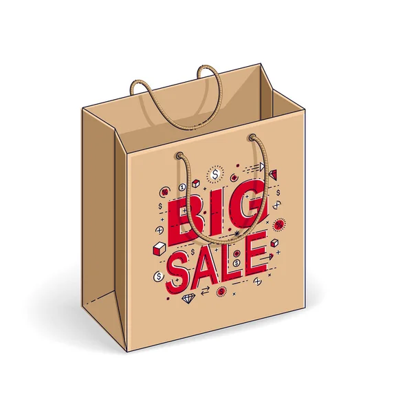 Shopping Bag Text Big Sale Isolated White Background Vector Isometric — Stock Vector
