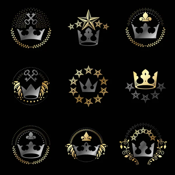 Conjunto Emblemas Coronas Reales Escudo Heráldico Logotipos Decorativos Vector Aislado — Vector de stock